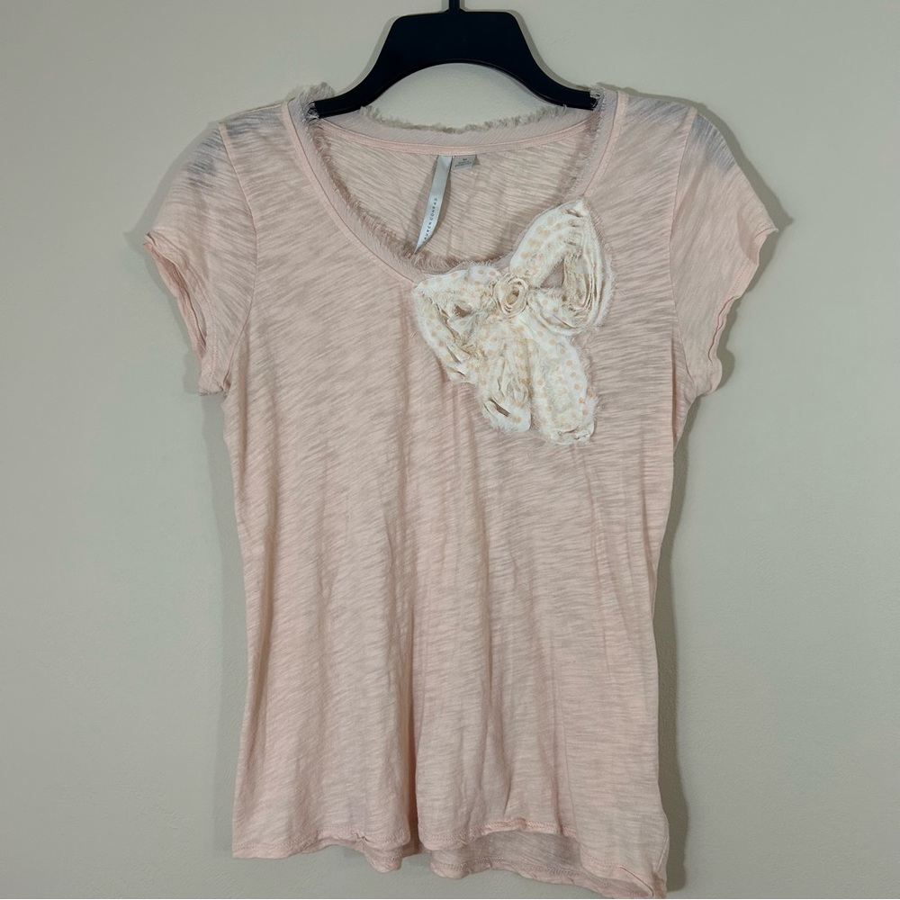 Lauren Conrad Womens Peach Polka Dot Chiffon Bow Tee M Eyelash Trim T Shirt Top